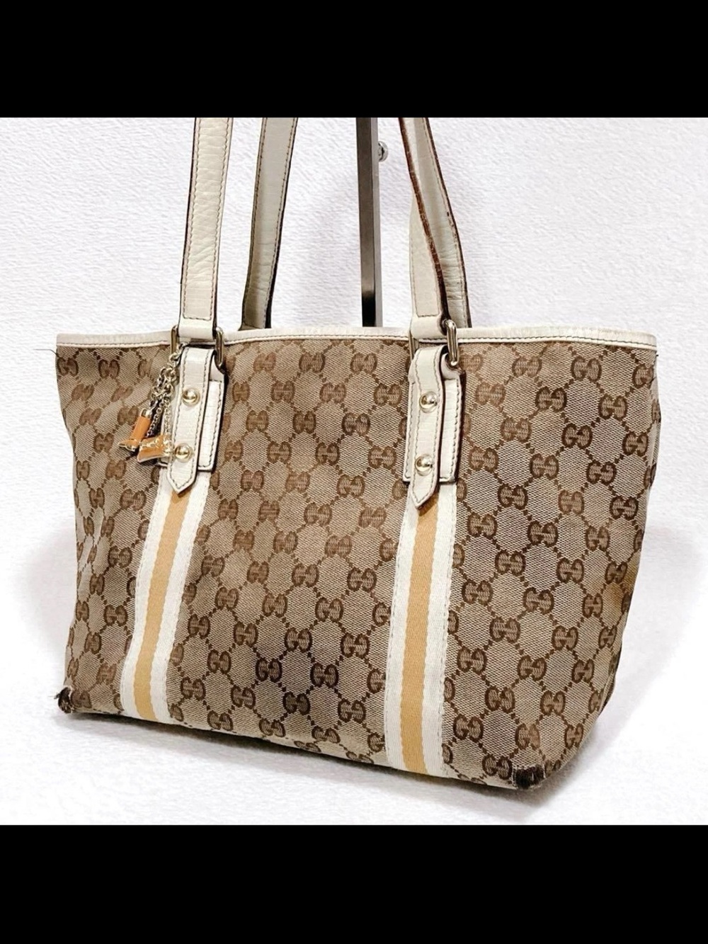 Gucci Beige Monogram Canvas Tote with Ivory Stripe Accents